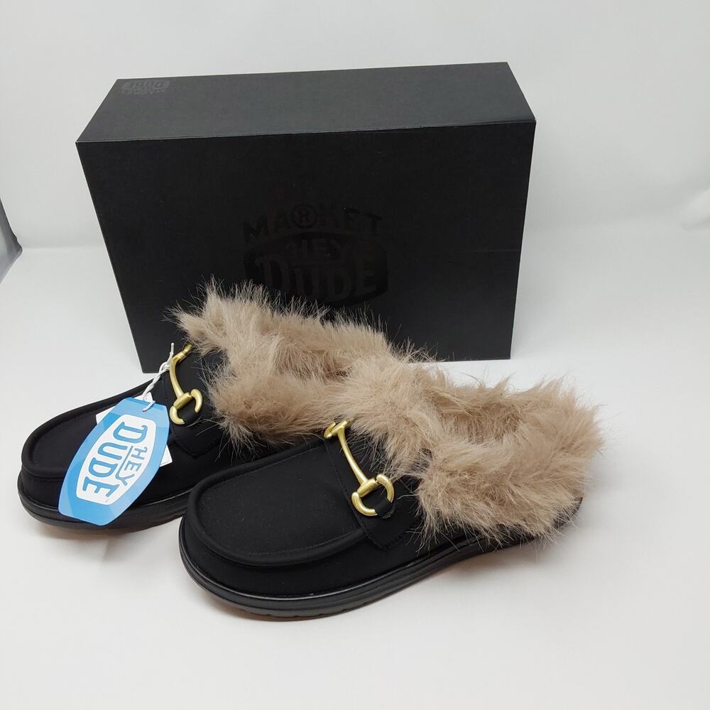 Hey Dude Wally Slip Loafer Market Black Fur Mule Slippers NWT - Picture 2 of 16